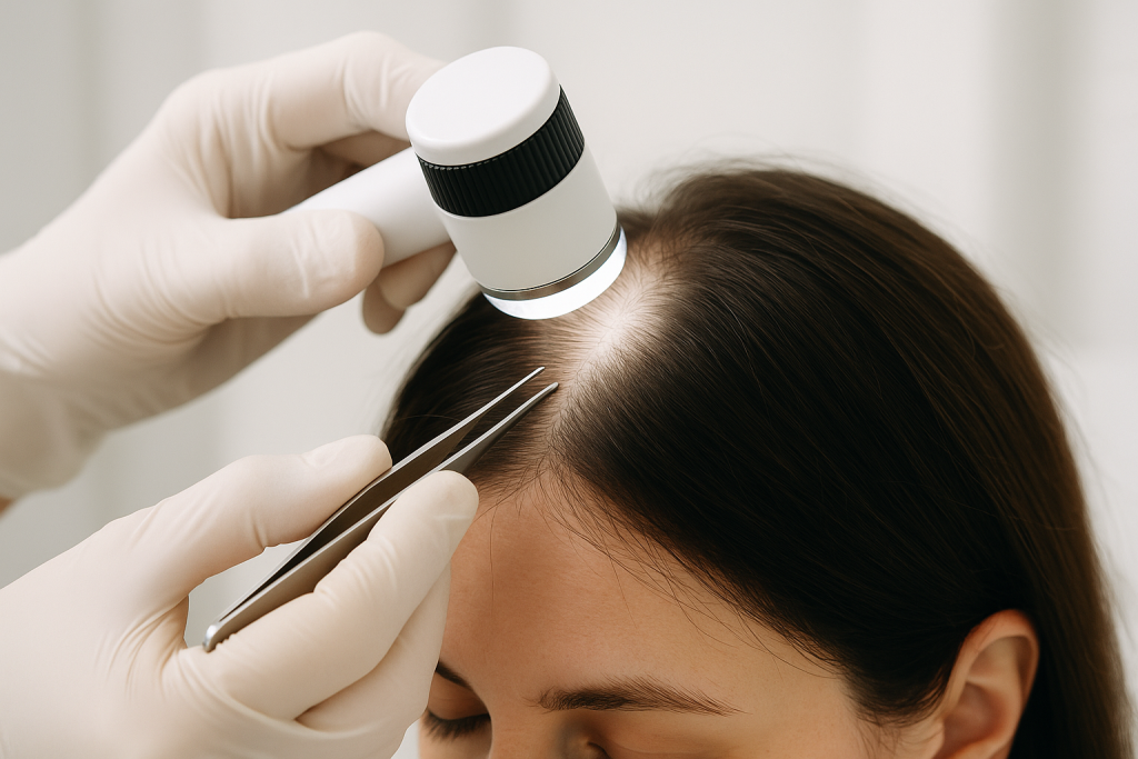 Saç dərisinin müayinə olunduğu təmiz klinik görüntü