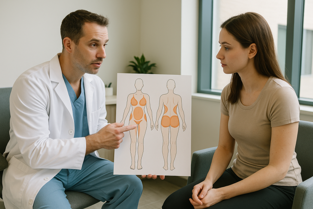 Həkimin liposaksiya bölgələrini pasiyentlə müzakirə etdiyi konsultasiya otağı